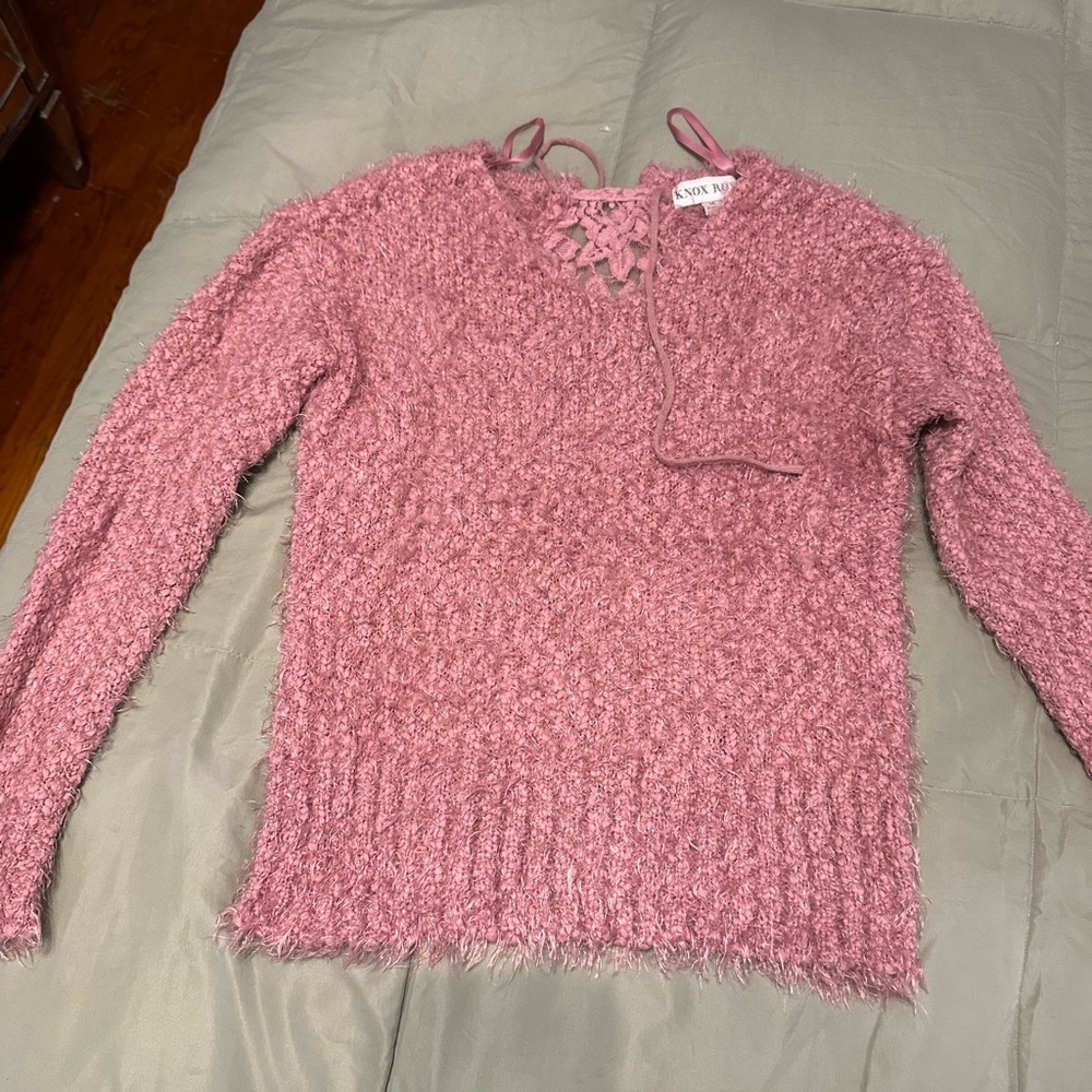 Pink Knit Sweater with Lace-Up Detail